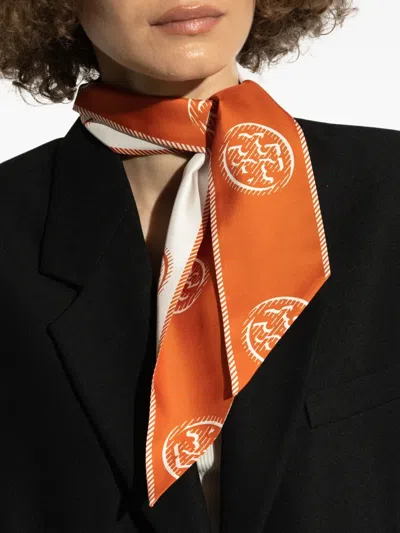 Tory Burch Medallion Logo Ribbon Silk Tie In Orange