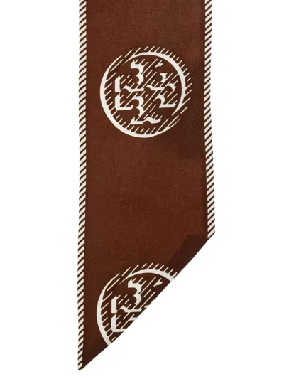 Tory Burch T Monogram Silk Ribbon Tie In Brown