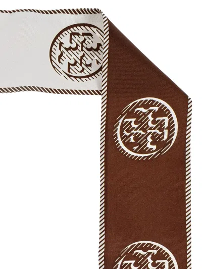 Tory Burch T Monogram Silk Ribbon Tie In Brown
