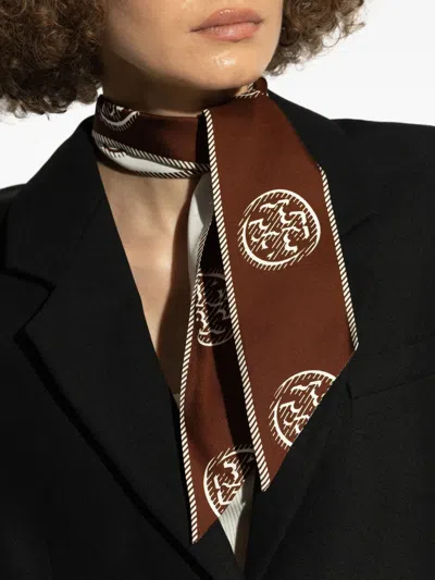 Tory Burch T Monogram Silk Ribbon Tie In Brown