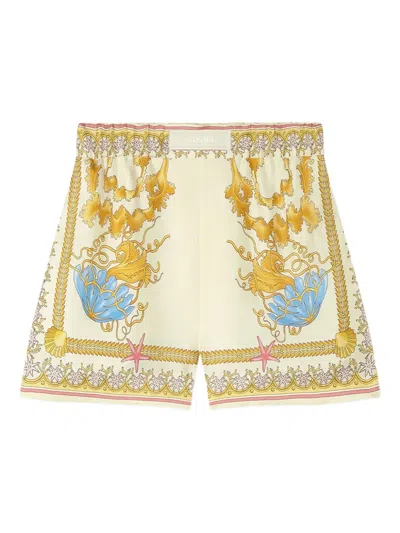 Versace Multicolor Shorts With Elastic Waist And All-over Underwater Barocco Print In Silk Woman