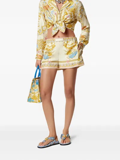Versace Multicolor Shorts With Elastic Waist And All-over Underwater Barocco Print In Silk Woman