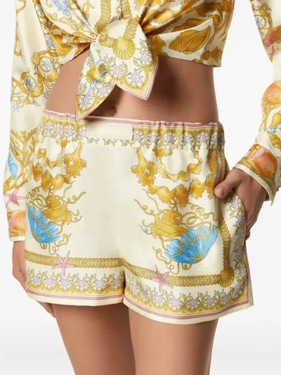 Versace Multicolor Shorts With Elastic Waist And All-over Underwater Barocco Print In Silk Woman