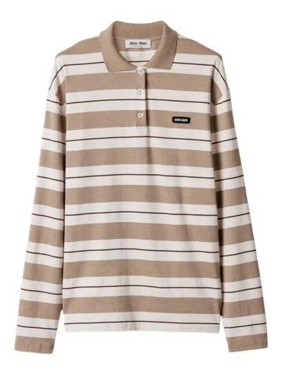 Miu Miu Embroidered Cotton Polo Shirt In Neutral