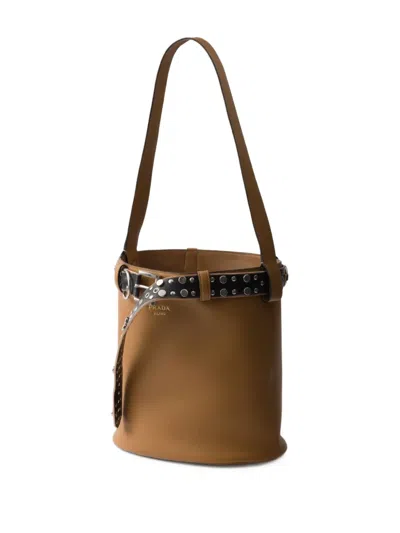Prada Studded Buckle Leather Bucket Bag