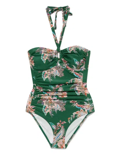 Zimmermann Rhiannon Wide Link Floral One-piece Swimsuit In Green