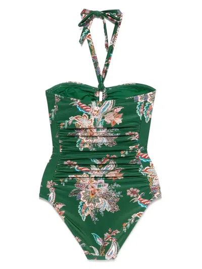 Zimmermann Rhiannon Wide Link Floral One-piece Swimsuit In Green