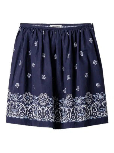 Miu Miu Floral Bordered Gathered Skirt In Blue
