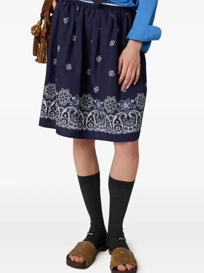 Miu Miu Floral Bordered Gathered Skirt In Blue