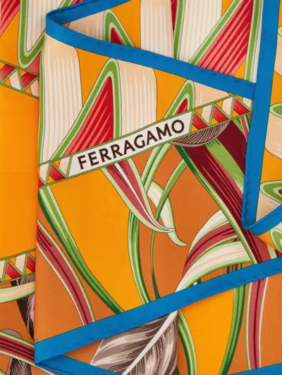 Ferragamo Silk Foulard With Printed Pattern And Border In Brown