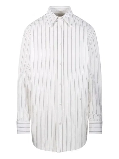 Saint Laurent Striped Cotton Shirt Curved Hem In Craie Noir