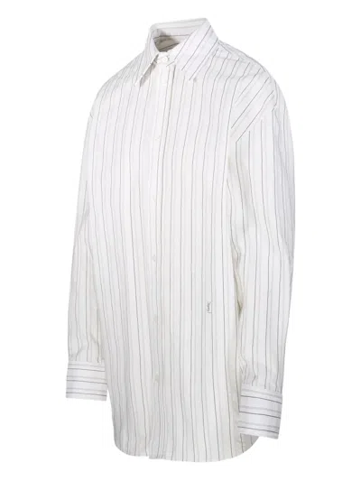 Saint Laurent Striped Cotton Shirt Curved Hem In Craie Noir
