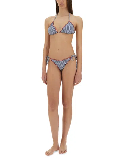 Mc2 Saint Barth Striped-pattern Ruffled-details Bikini Top In Blue