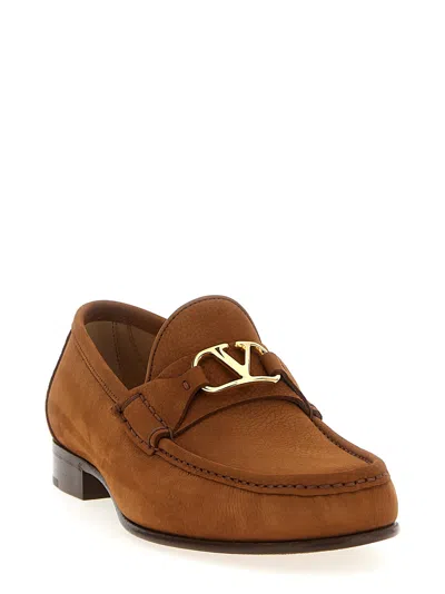 Valentino Garavani V-logo Embellished Full-grain Nubuck Loafers In Brown