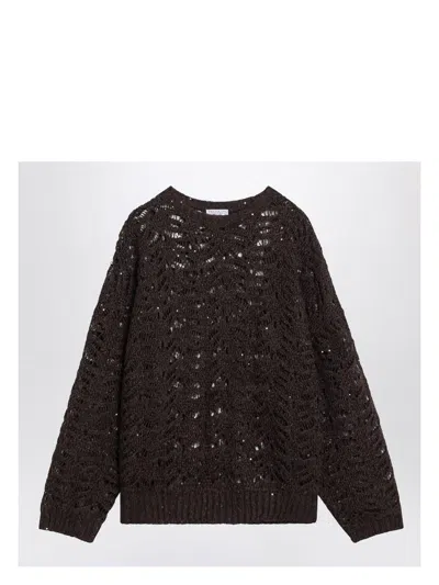 Brunello Cucinelli Brown Perforated Sweater With Micro Sequins