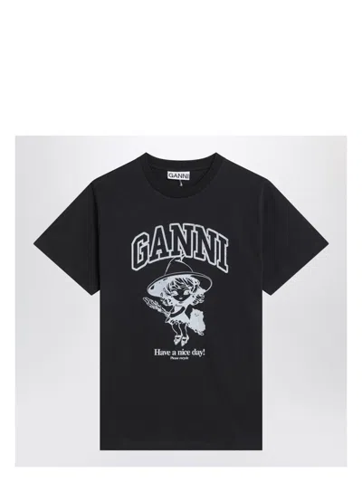 Ganni Black Crewneck T-shirt With Maxi Logo Lettering On The Front And Maxi Print On Front And Rear
