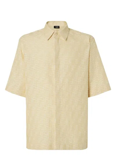 Fendi Men Yellow Shirt With Wide Short Sleeves And All-over Ff Motif In Linen Blend Man In Pink