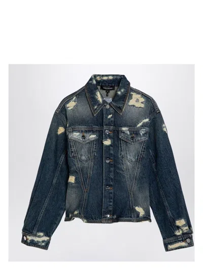 Marc Jacobs Distressed Denim Jacket With Collar And Stitching