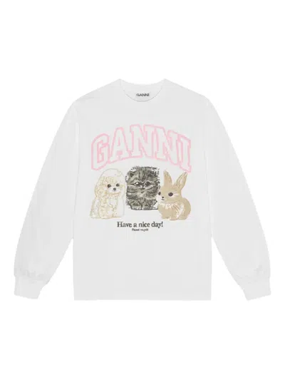 Ganni Oversized Printed Organic And Recycled Cotton-jersey Sweatshirt In White