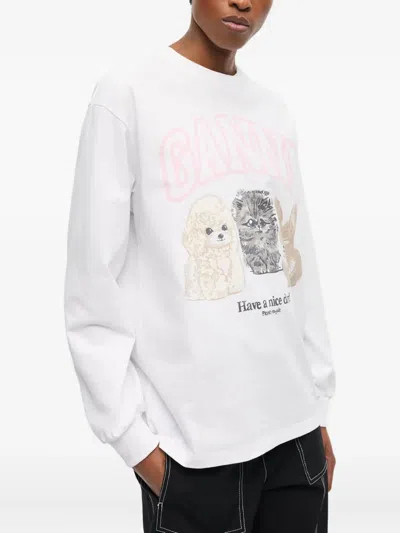 Ganni Oversized Printed Organic And Recycled Cotton-jersey Sweatshirt In White