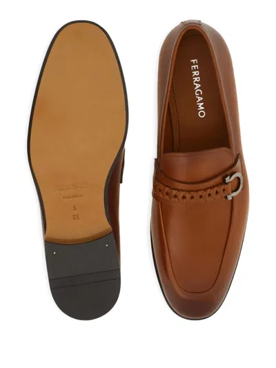 Ferragamo Brown Loafers With Gancini Detail In Leather Man