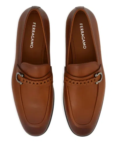 Ferragamo Brown Loafers With Gancini Detail In Leather Man
