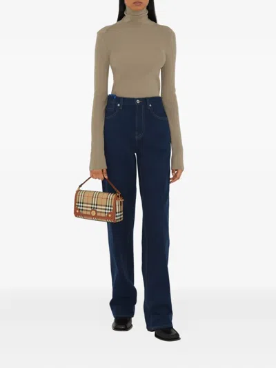 Burberry Canvas And Leather Note Handbag With Check Pattern