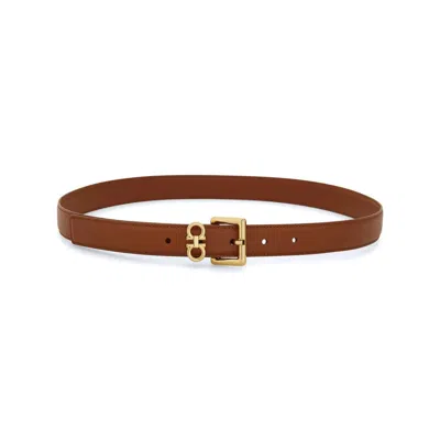 Ferragamo Double Gancini Leather Belt In Brown