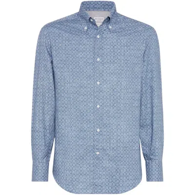 Brunello Cucinelli Floral Print Twill Basic Fit Shirt With Button-down Collar