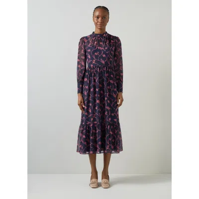 Lk Bennett Selina Floral-print Flounce Midi Dress In Blue