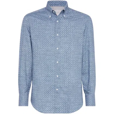 Brunello Cucinelli Floral Print Twill Basic Fit Shirt With Button-down Collar
