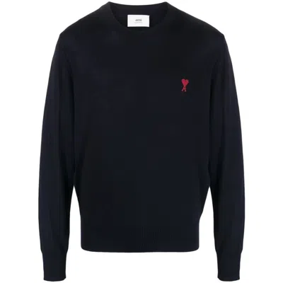 Ami Alexandre Mattiussi Ami Navy Blue Cotton Jersey Sweater With Signature Embroidered Motif