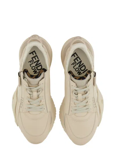 Fendi Ivory Leather And Fabric Flow Sneakers