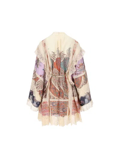 Zimmermann Rhiannon Billow Long Sleeve Lace Trim Minidress In Neutral