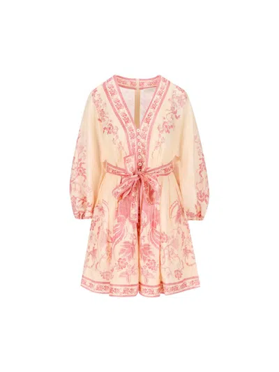 Zimmermann Lucky Pink Mini Dress With V Neck And All-over Floral Print In Linen Woman