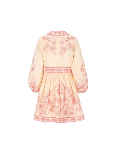 Zimmermann Lucky Pink Mini Dress With V Neck And All-over Floral Print In Linen Woman