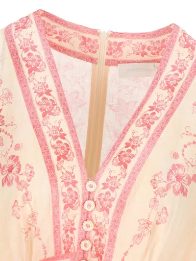 Zimmermann Lucky Pink Mini Dress With V Neck And All-over Floral Print In Linen Woman