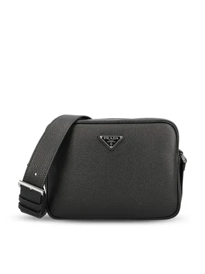 Prada Leather Shoulder Bag With Logo Plaque