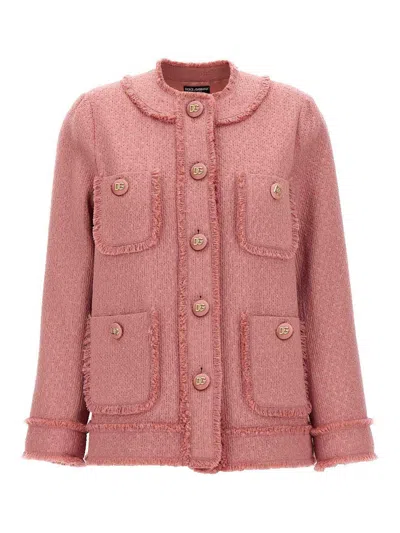 Dolce & Gabbana 'rachel' Blazer With Textured Fabric And Fringed Edges In Pink