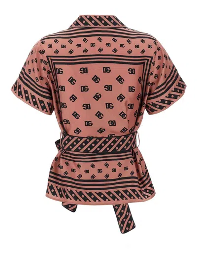 Dolce & Gabbana Silk Shirt With Waist Tie And Logo Pattern