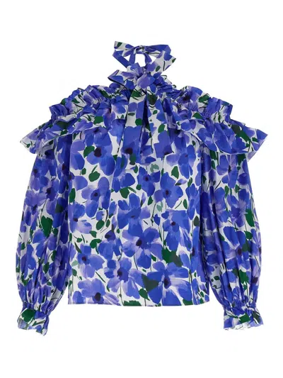 Carolina Herrera Flower Top With Puffed Sleeves And Ruffled Neckline In Blue