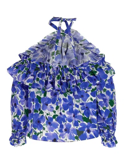 Carolina Herrera Flower Top With Puffed Sleeves And Ruffled Neckline In Blue