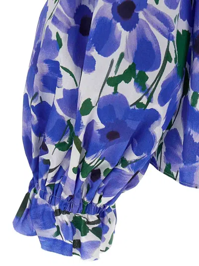 Carolina Herrera Flower Top With Puffed Sleeves And Ruffled Neckline In Blue