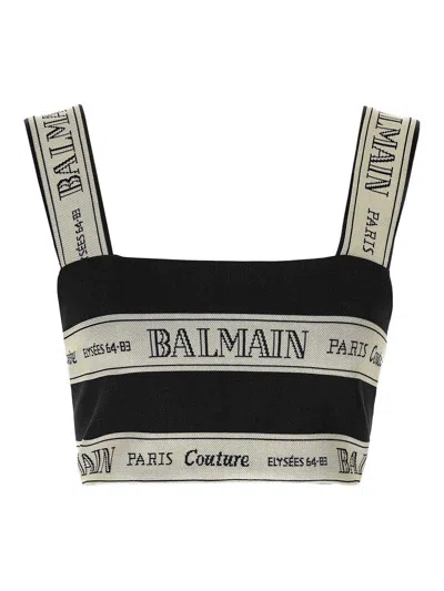 Balmain Striped Jacquard Crop Top In Black