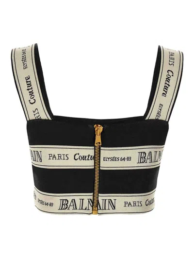 Balmain Striped Jacquard Crop Top In Black
