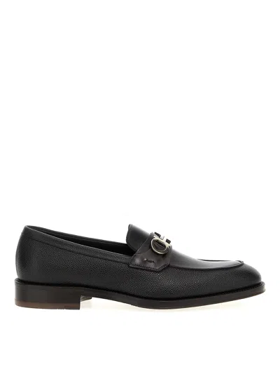 Ferragamo Black Reversible Gancini Ornament Loafers In Nero