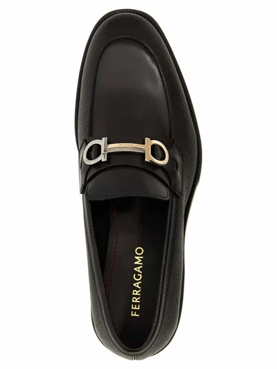 Ferragamo Black Reversible Gancini Ornament Loafers In Nero