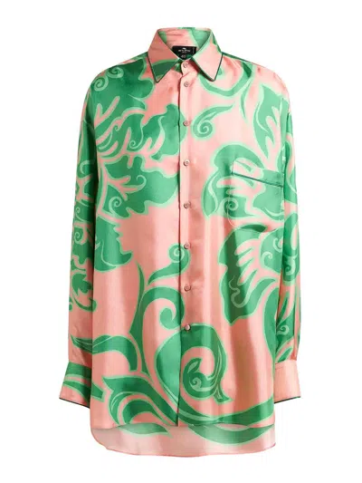 Etro Pink Silk Shirt With Green Print