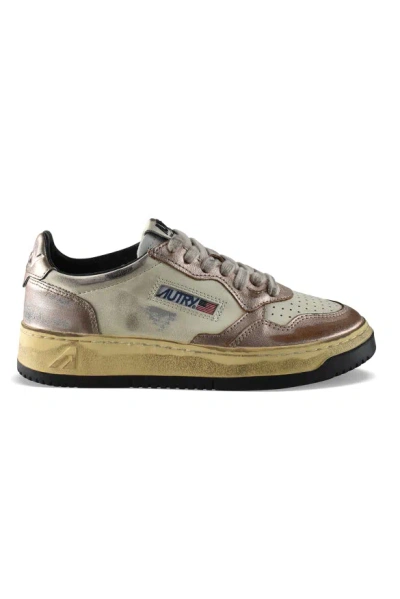 Autry 'super Vintage' White And Metallic Low Top Sneakers With Logo Detail