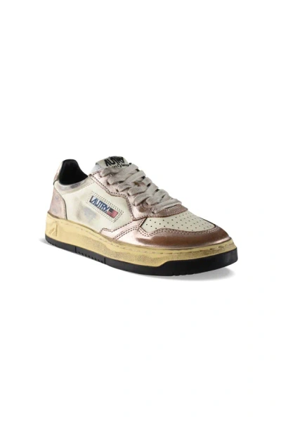 Autry 'super Vintage' White And Metallic Low Top Sneakers With Logo Detail